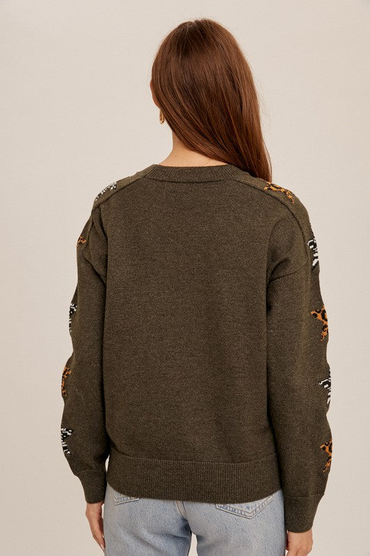 Animal Print Stars Sleeve Sweater