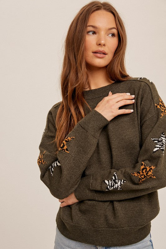 Animal Print Stars Sleeve Sweater