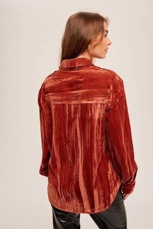 Crinkled Velvet Button Down Shirt