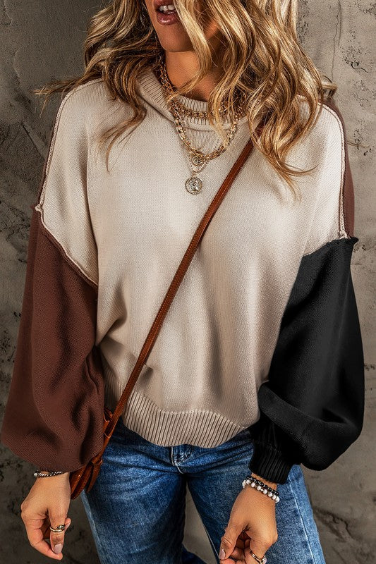 Colorblock Bishop Sleeve Ribbed Trim Sweater - coffee