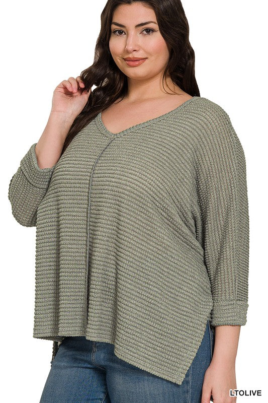 Curvy 3/4 Sleeve Hi-Low Lightweight Sweater