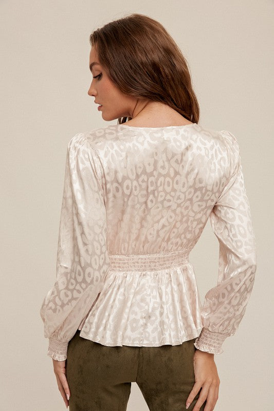 V-Neck Smocked Satin Blouse