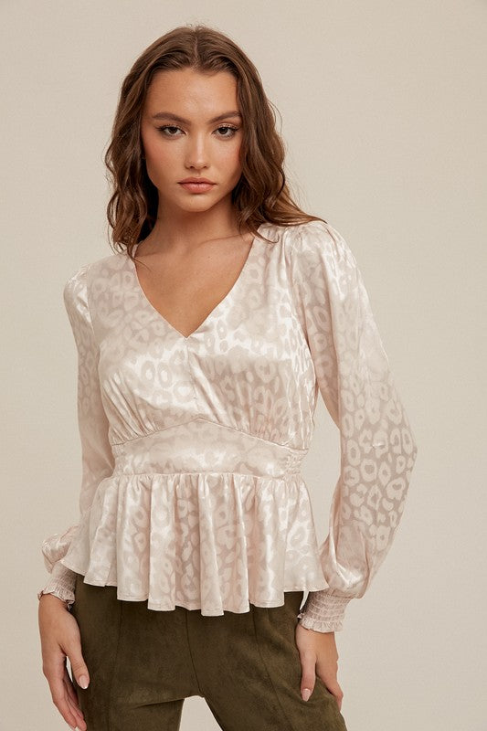 V-Neck Smocked Satin Blouse