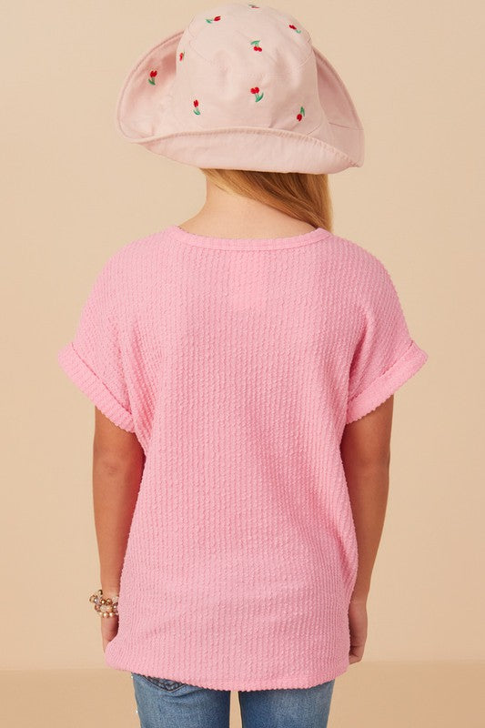 Girls Textured Rib Knit Roll Sleeve T Shirt