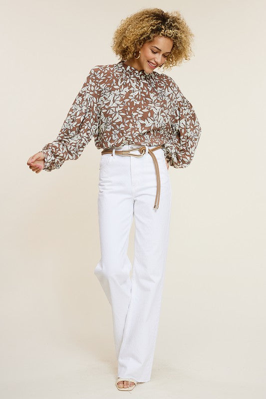 Leaf Print Button Down Puff Long Sleeve Blouse Top