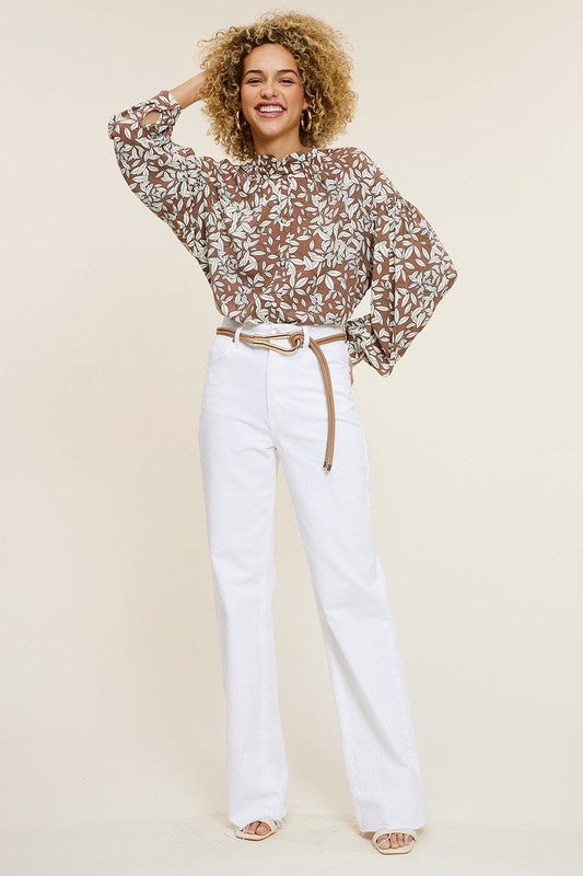 Leaf Print Button Down Puff Long Sleeve Blouse Top