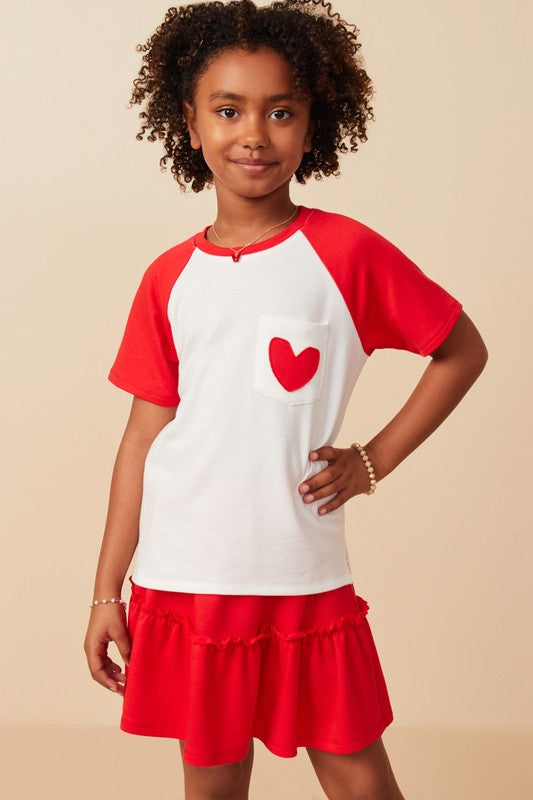 Girls Heart Patch Pocket French Terry Knit T Shirt