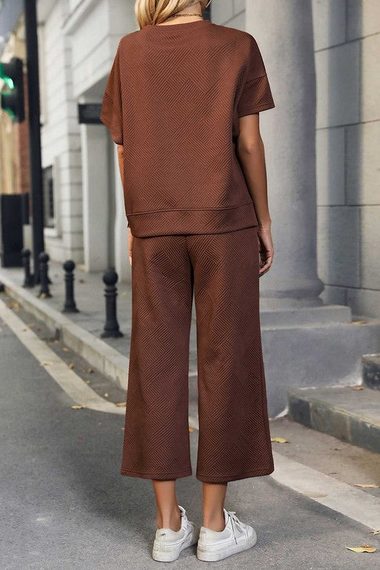 Textured Short Sleeve Top and Long Pants Set