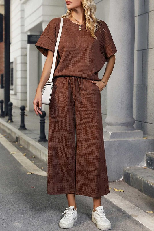 Textured Short Sleeve Top and Long Pants Set