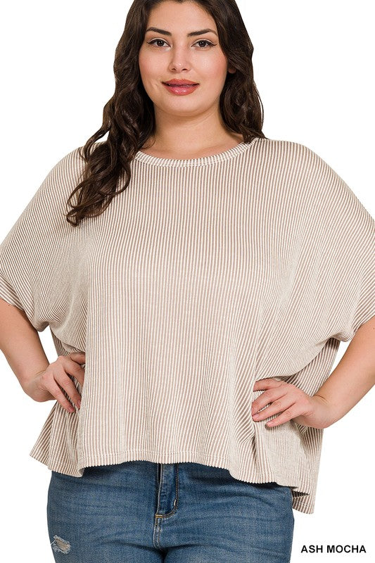 Curvy Ribbed Striped Short Sleeve Top