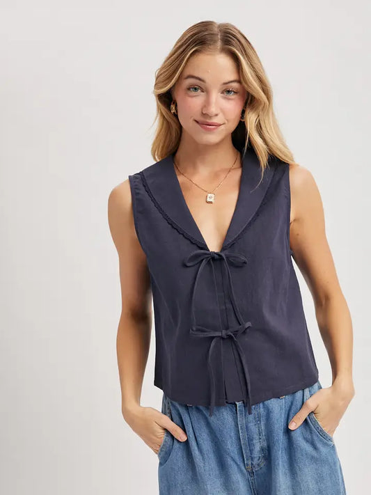 Linen Front Tie Sleeveless Top
