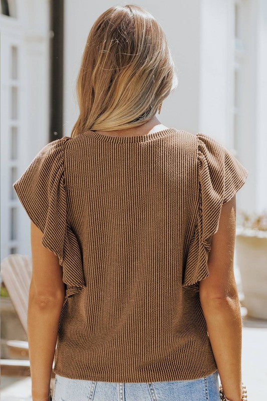 Pre-Order Textured Round Neck Ruffle Sleeve Top