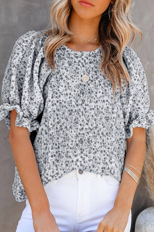 Pre-Order Floral Print Round Neck Puff Sleeve Blouse