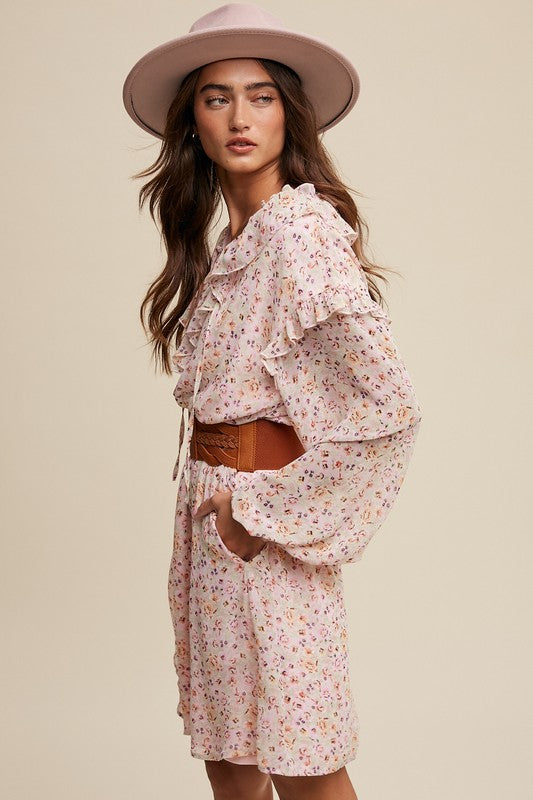 Floral Print Chiffon Ruffled Lace-Up Detail Dress
