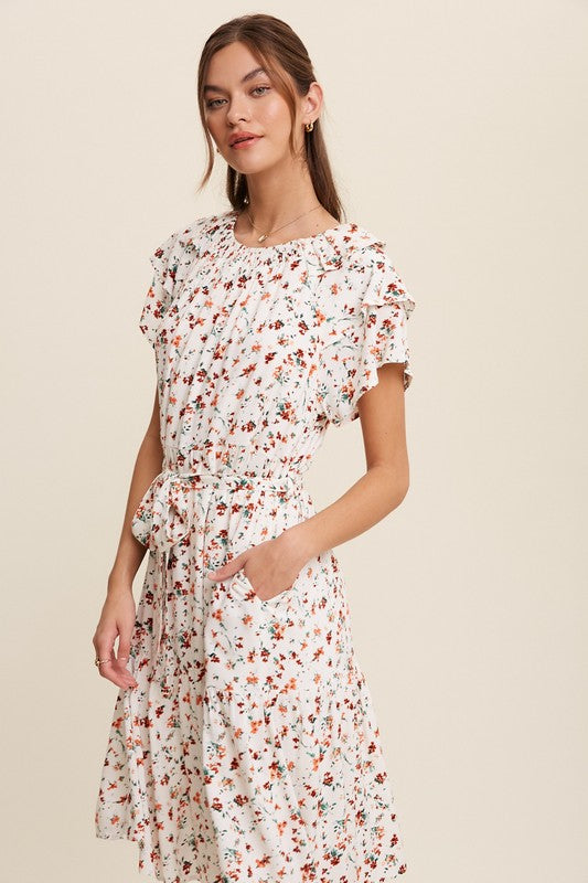 Floral Printed Ruffle Sleeve Waist Tie Midi Dress