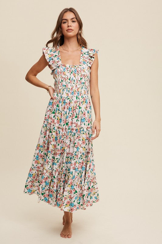 Flower Print Ruffle Strap Tiered Maxi Dress