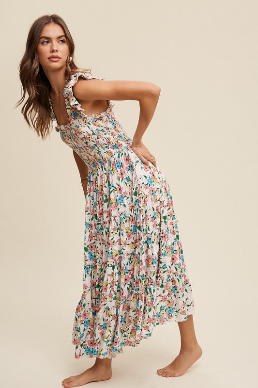 Flower Print Ruffle Strap Tiered Maxi Dress