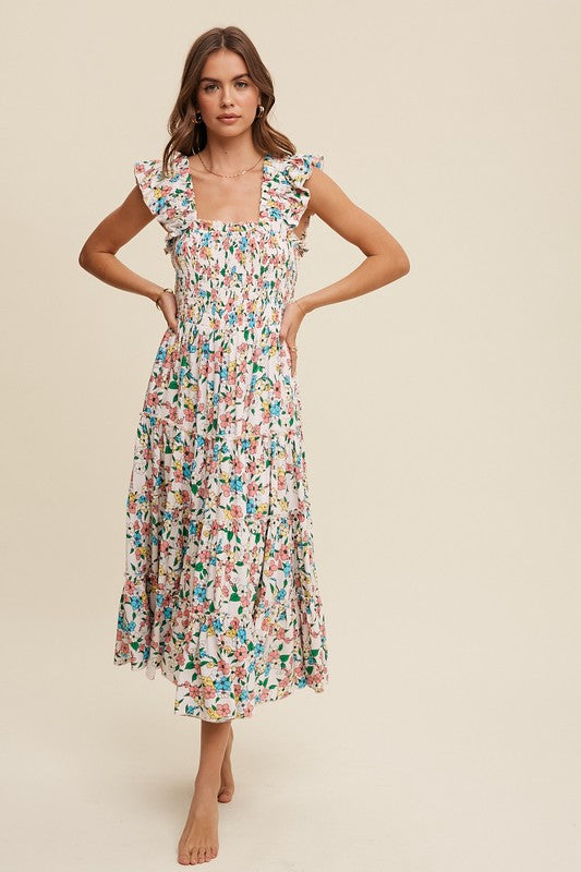 Flower Print Ruffle Strap Tiered Maxi Dress