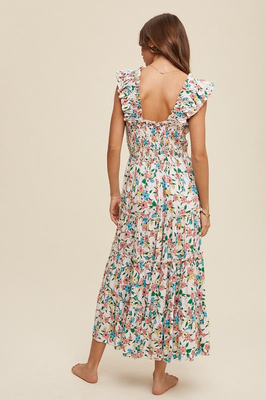 Flower Print Ruffle Strap Tiered Maxi Dress