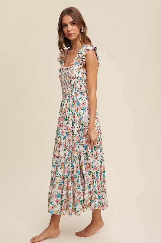 Flower Print Ruffle Strap Tiered Maxi Dress