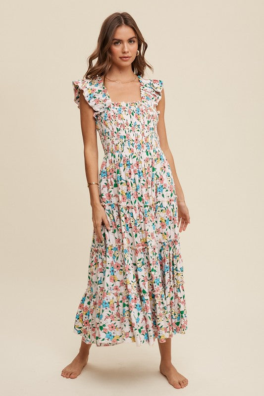 Flower Print Ruffle Strap Tiered Maxi Dress