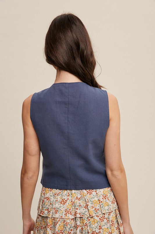 Fitted Linen Vest with Pockets