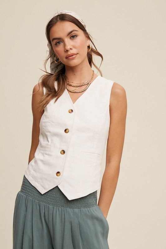 Fitted Linen Vest with Pockets