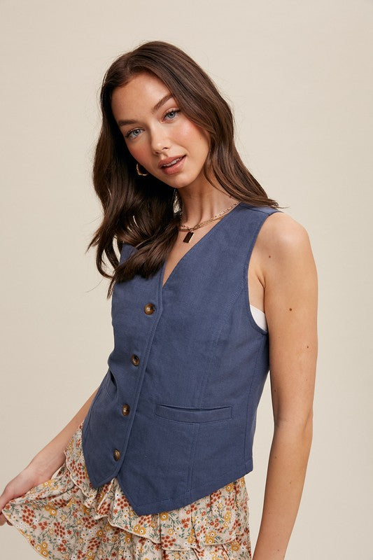 Fitted Linen Vest with Pockets