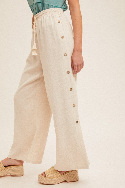 Button Detail Side Tassel Wide Leg Pants