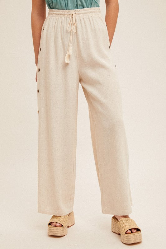 Button Detail Side Tassel Wide Leg Pants