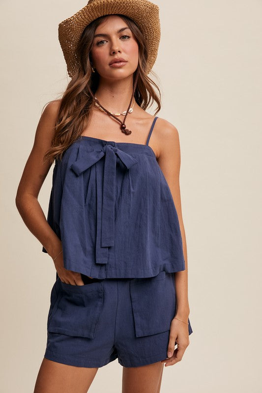 Front Tie Button Down Tank and Shorts Set