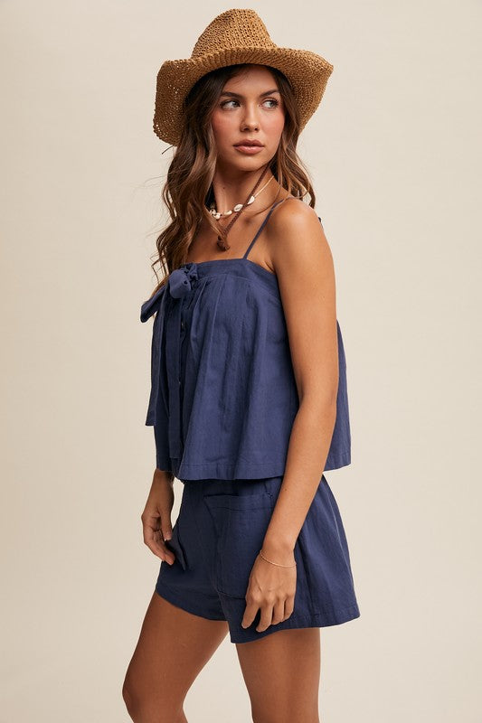 Front Tie Button Down Tank and Shorts Set