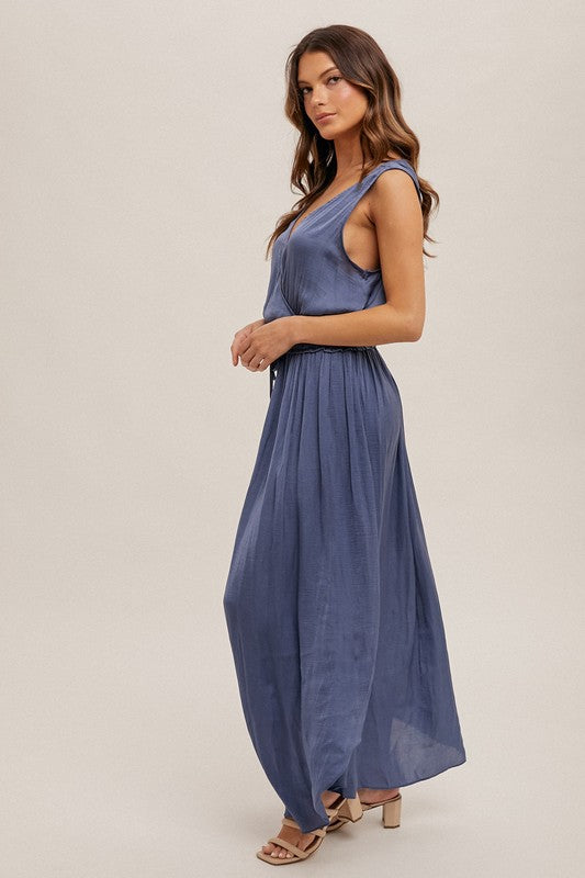 Surplice Neck Washed Satin Maxi Dress