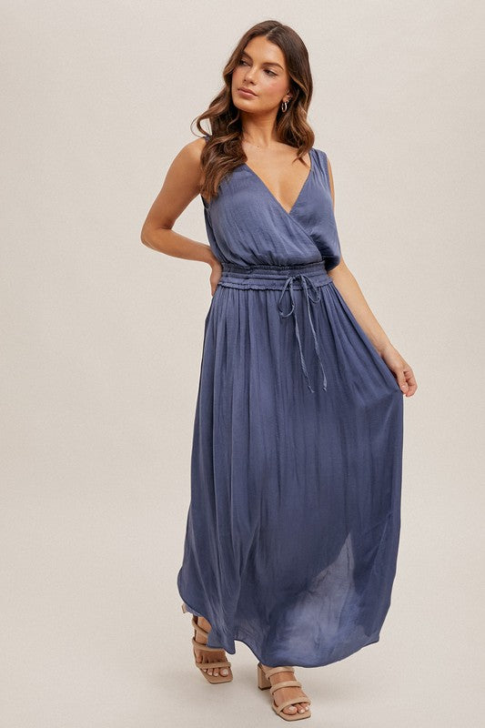 Surplice Neck Washed Satin Maxi Dress