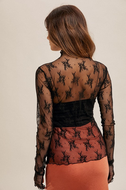 Mock Neck Lace Long Sleeve Layering Piece