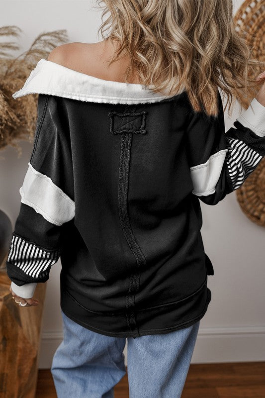 Pre-Order Striped Colorblock Patchwork Collar Sweatshirt