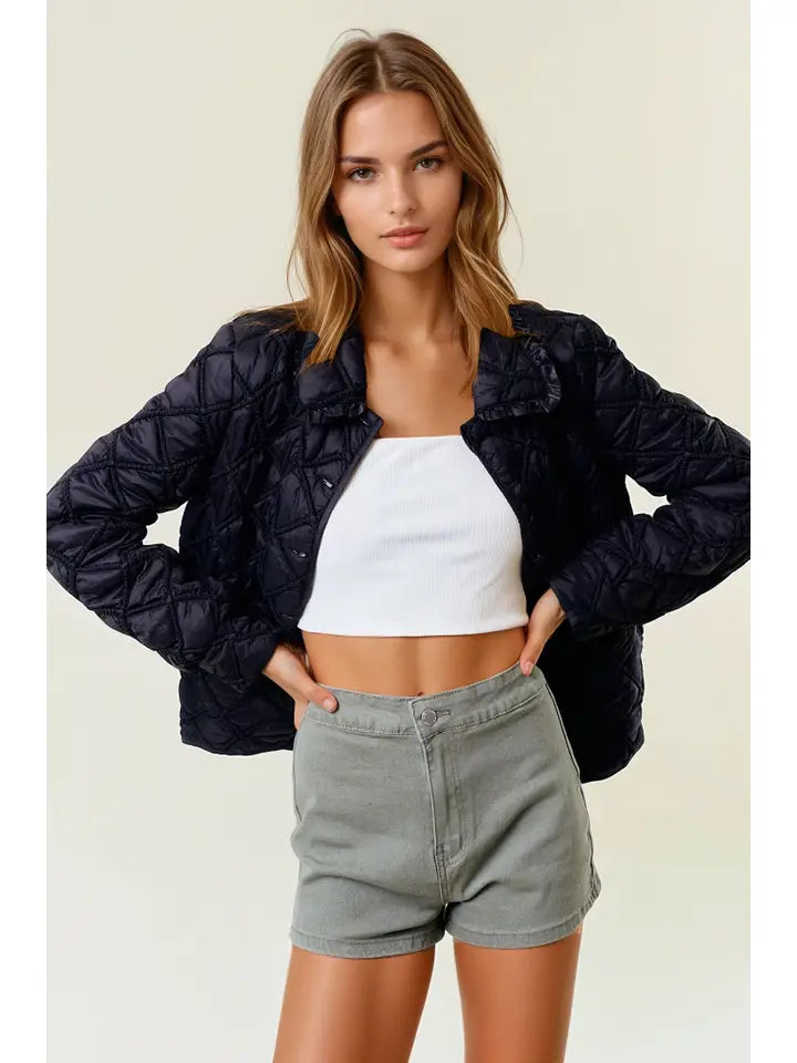 Over-Sized Collar Quilted Button-Down Jacket
