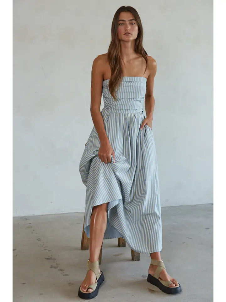 Striped Tube Neck Strapless Flare Maxi Dress