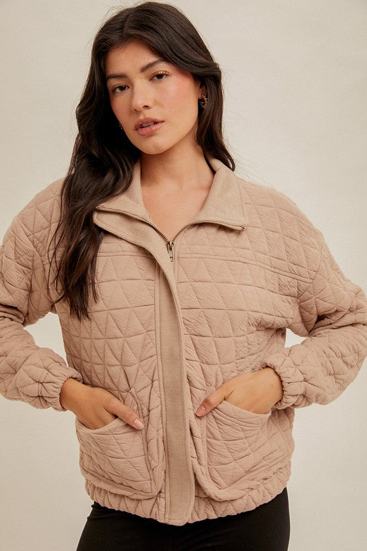 Taupe Quilted Bomber Jacket