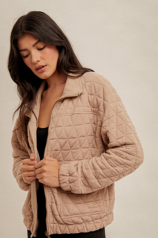 Taupe Quilted Bomber Jacket