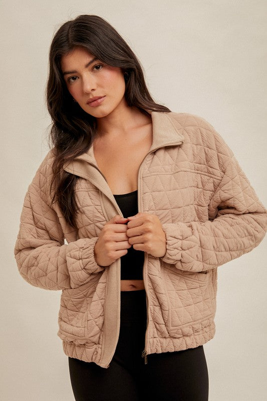 Taupe Quilted Bomber Jacket