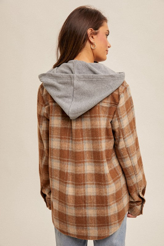 Button Down Plaid Shacket With Hoodie!