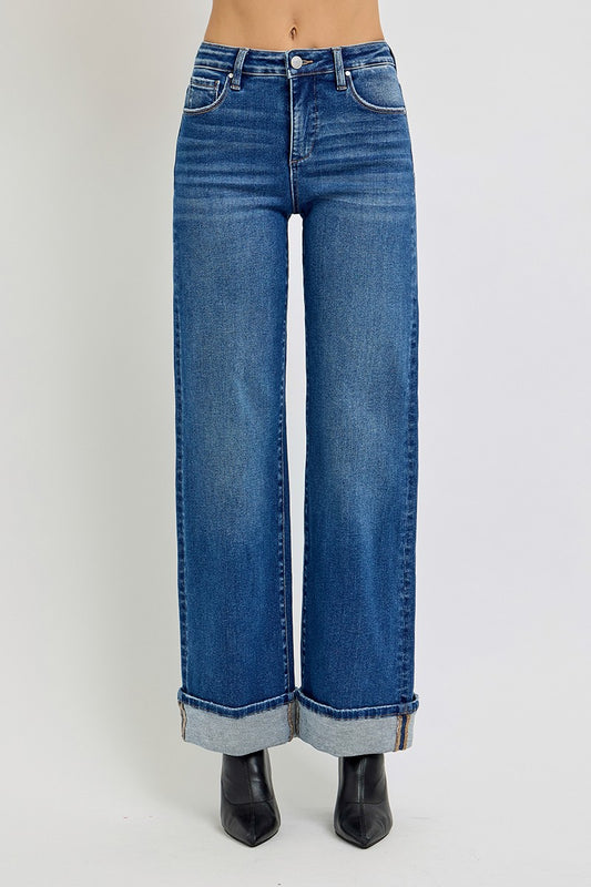 Tummy Control High Rise Cuffed Wide Jeans