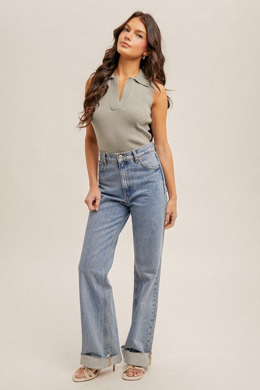 Collared Ribbed Sweater V Neck Tank