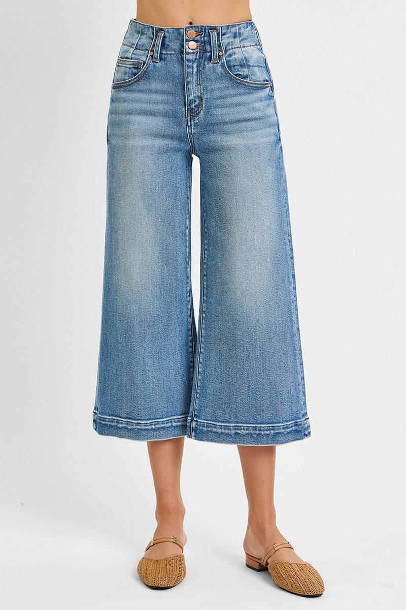High Rise Crop Wide Double Button Detail Jeans
