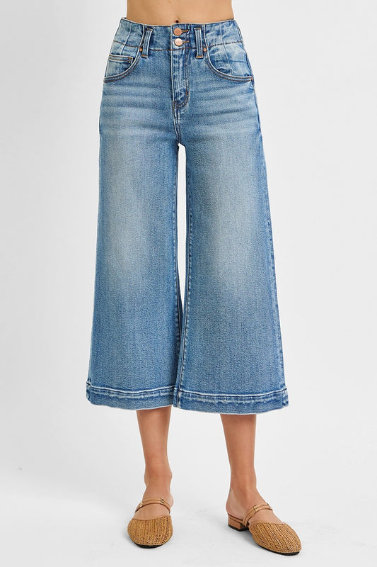High Rise Crop Wide Double Button Detail Jeans