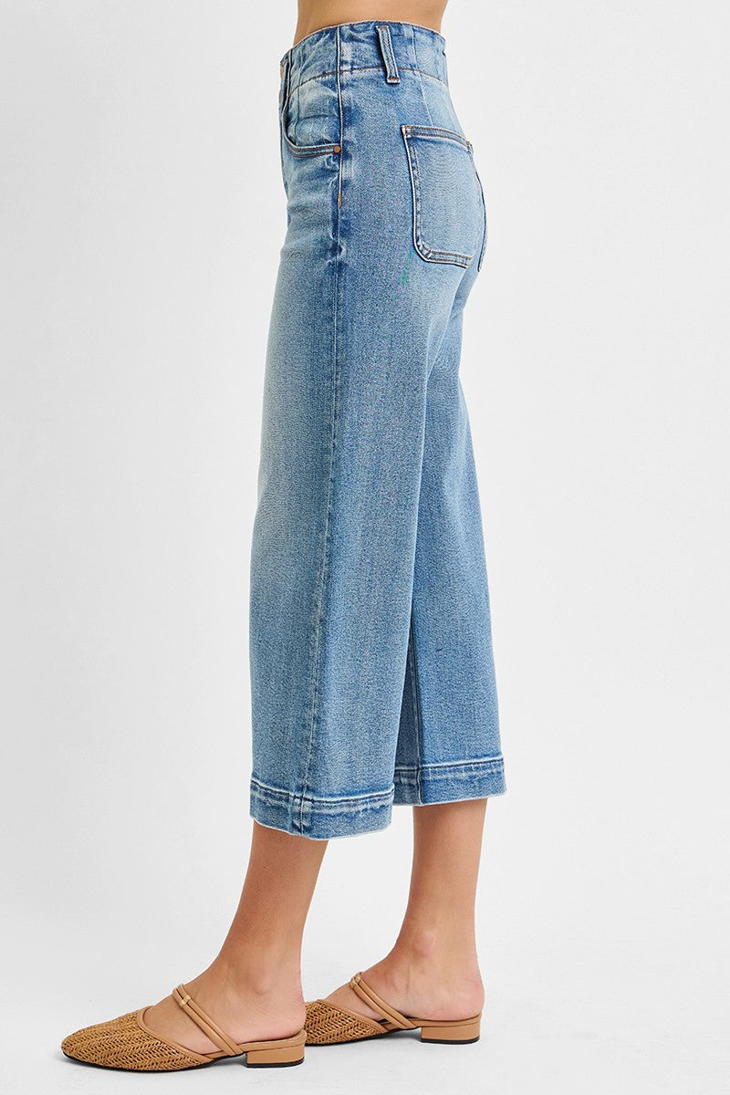 High Rise Crop Wide Double Button Detail Jeans