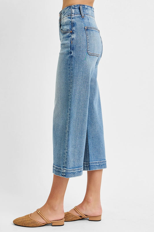 High Rise Crop Wide Double Button Detail Jeans