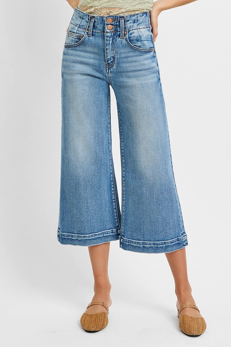 High Rise Crop Wide Double Button Detail Jeans