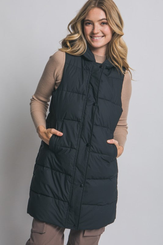 Hooded Long Quilted Puffer Vest